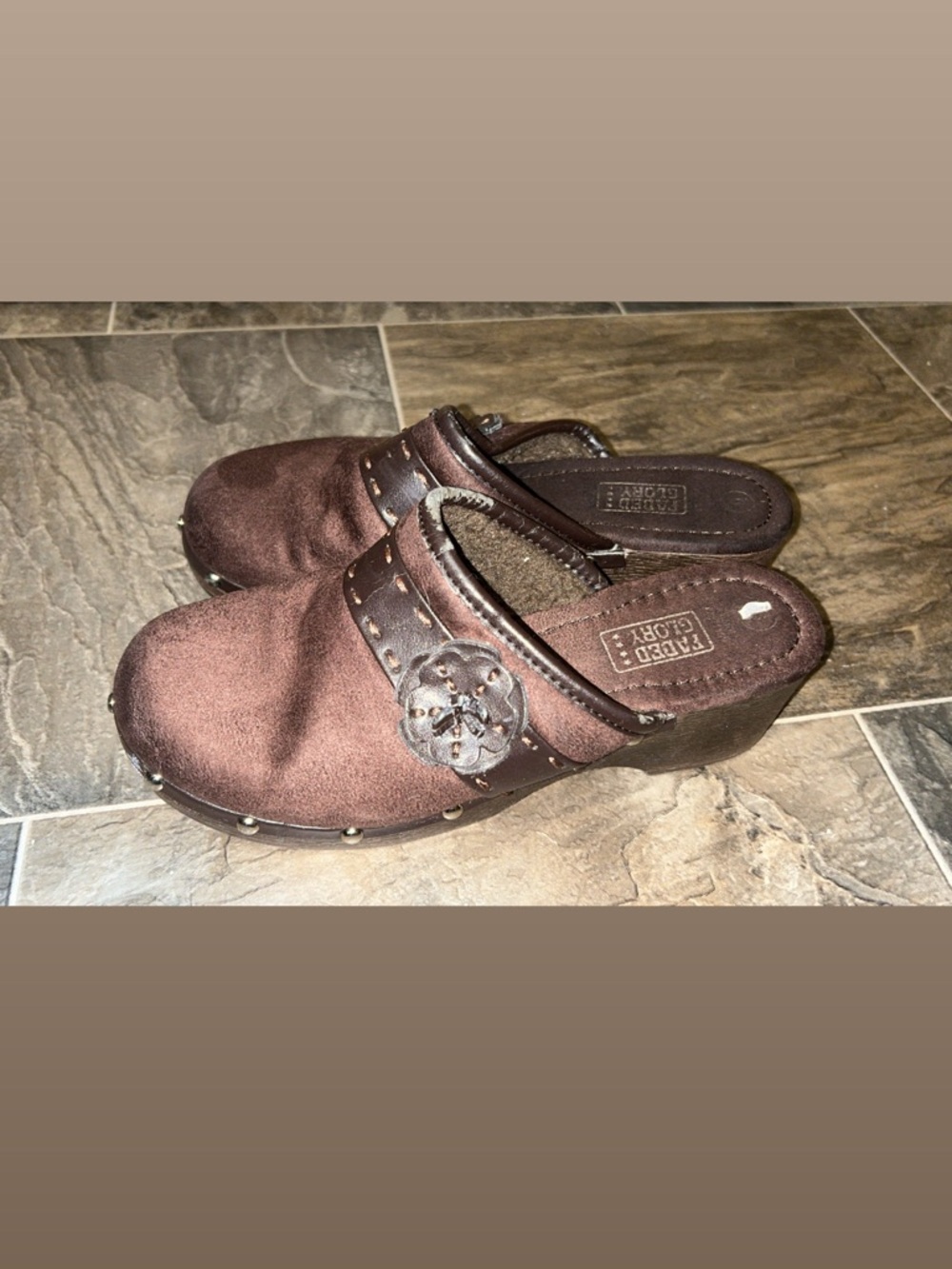 Faded Glory Brown Clog Mules with Floral Medallion and Stud Trim